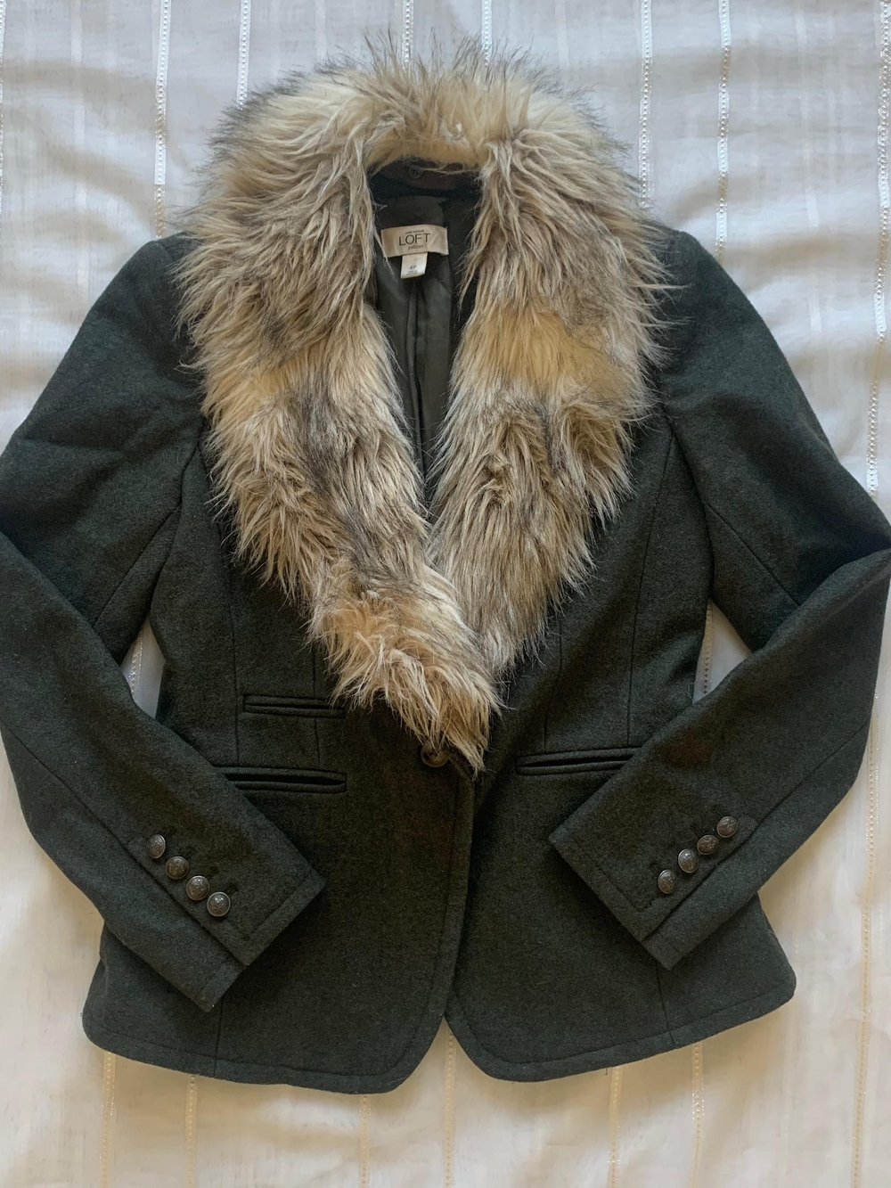 Loft Petite Olive Green Faux Fur Collar Wool Blend Blazer 4P